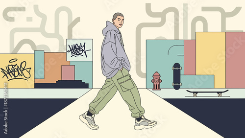Stylish man confidently strides forward in urban fashion illustration.