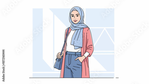 Stylish Muslim Woman in Hijab and Modern Outfit Illustration.