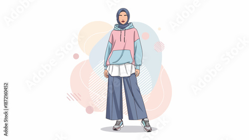Stylish Muslim Woman in Modern Outfit Illustration.