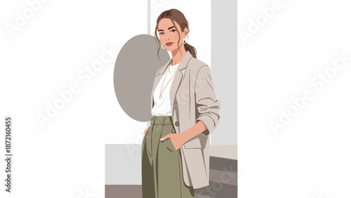 Stylish Woman in Blazer and Trousers Illustration with Confident Pose.