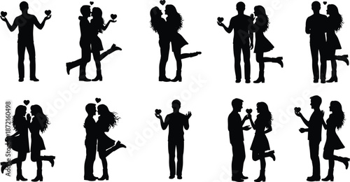 Silhouettes of couples holding hearts and kissing on a white background love
