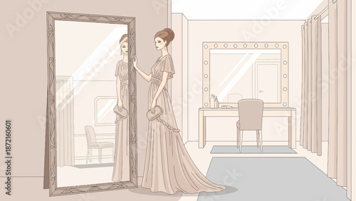 Woman admiring herself in a fulllength mirror dressed elegantly.