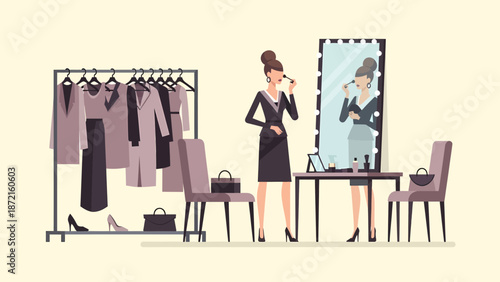 Woman Getting Ready in Dressing Room with Clothes and Mirror.