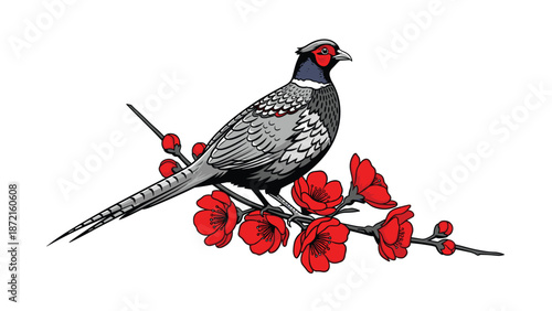 A beautifully detailed pheasant with grey and black plumage and a red head rests gracefully on a flowering branch adorned with vibrant red blossoms.