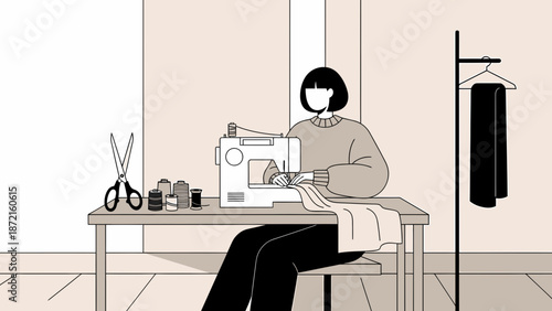 Woman Seamstress at Sewing Machine Crafting Garment in Workshop.