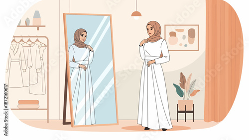 Woman in hijab fitting a white dress in front of mirror.