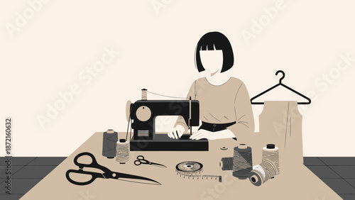 Woman Sewing at a Table with Sewing Machine and Supplies.