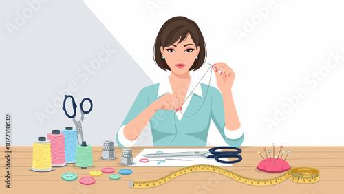 Woman Sewing A Focused Illustration of Craftsmanship and Creativity.