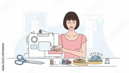 Woman sewing with a machine focused on her craft.
