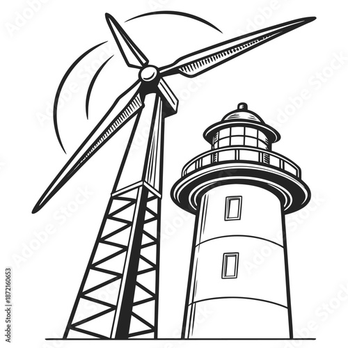 A monochrome windmill and lighthouse create an interesting coastal power system scenery idea