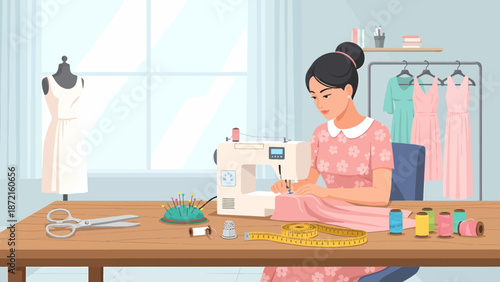 Woman Sewing Dress with Sewing Machine in Bright Room.