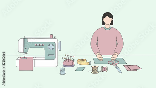 Woman Sewing with Sewing Machine and Tools Illustration.