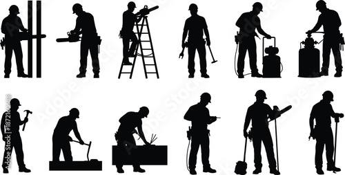 Construction worker silhouette set showing builders using tools and equipment for industrial labor, maintenance, and repair concepts