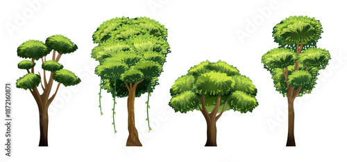 Tree Vector Illustration Collection Featuring Tropical and Orchard Trees with Mango, Apple, Banana, Orange, Coconut Palm and More Isolated on White Background