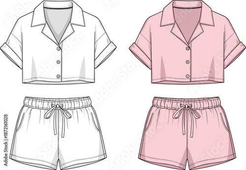 Women pajama set technical fashion illustration featuring short sleeve button shirt and elastic waist shorts in pastel colors