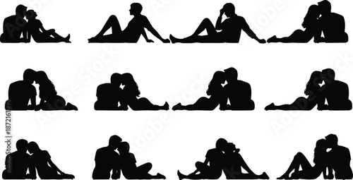 Silhouettes of couples sitting and embracing in various romantic poses on a white background