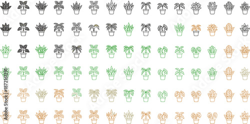 Pattern set of potted plant icons in multiple colors featuring decorative houseplants, foliage shapes, and minimalist botanical designs