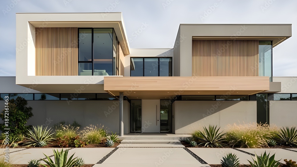 Fototapeta premium Contemporary two-story house facade featuring large glass windows, wooden panels, and concrete structure. Aesthetic architectural exterior photography with balanced modern design.