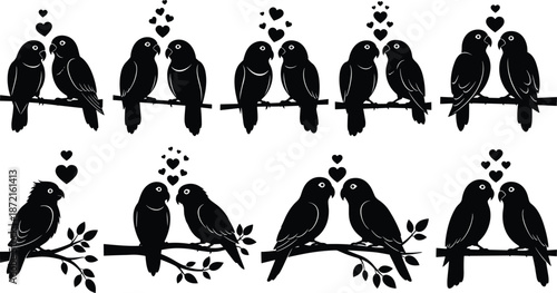 Pair of black parrots kissing on branches with hearts above them