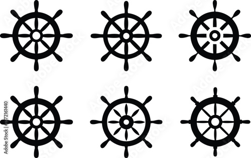 A set of six distinct black boat steering wheels are presented on a bright white surface