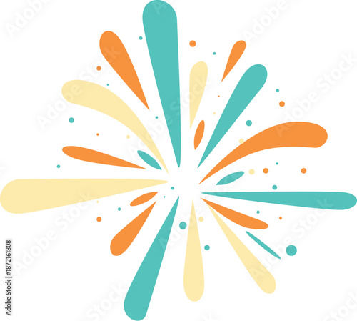 Firework exploding in a vibrant display of orange, yellow, and turquoise sparks against a white background