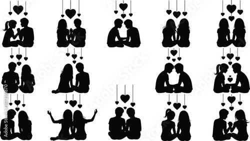 Silhouettes of couples sitting together with hanging hearts above them in black and white