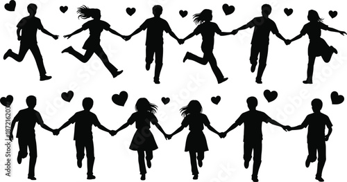 Silhouettes of people running and holding hands with hearts floating around them