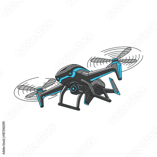 Modern drone flying with motion blur on white background
