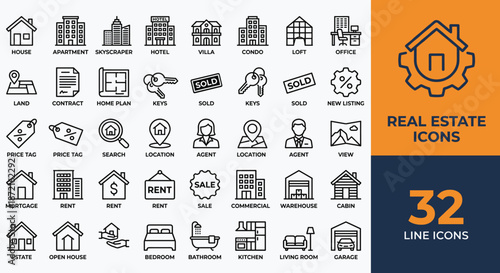 Set of thirty two real estate line icons for property and housing business