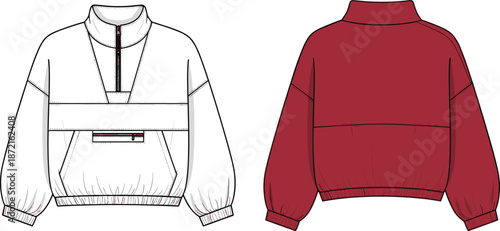 Pullover jacket cad drawing flat vector illustration front back views half zip mock neck windbreaker sweatshirt fashion technical apparel design outerwear concept