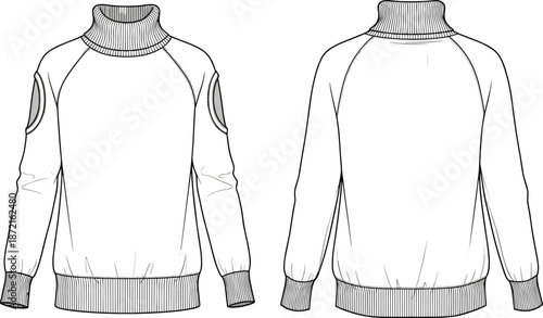 Turtleneck sweater cad drawing flat vector illustration front back views, long sleeve knit pullover technical fashion apparel design outline isolated white background