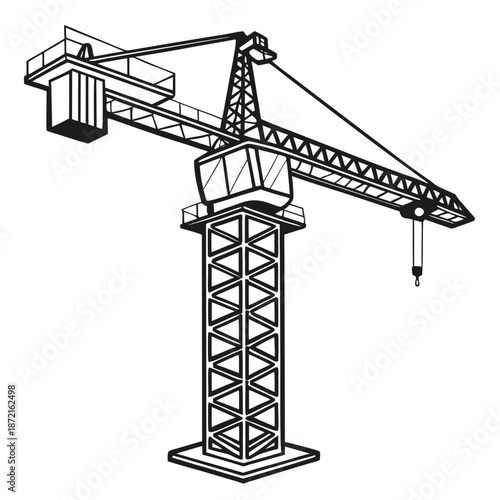Outlined monochrome hoisting crane stands tall with its angular frame and heavy hook present