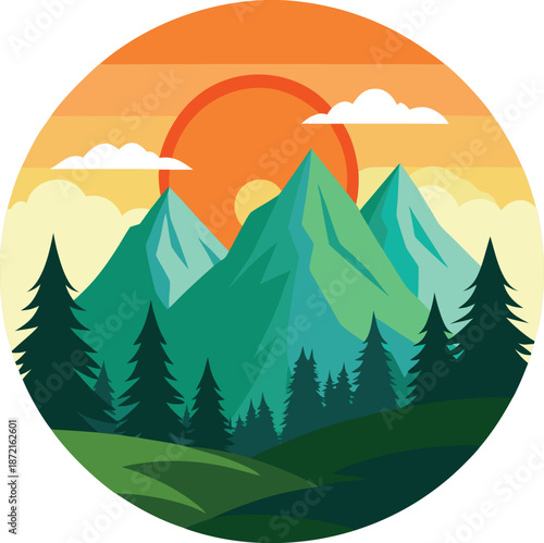 A scenic mountain landscape with a rising sun and lush green forest view.eps