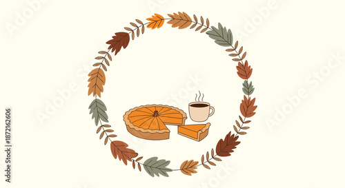 Freshly baked pumpkin pie and a cup of coffee centered within a circular wreath of colorful autumn leaves.