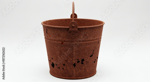 A close-up studio shot showcases a worn, rusty metal bucket with a curved handle and signs of age and wear against a clean white backdrop