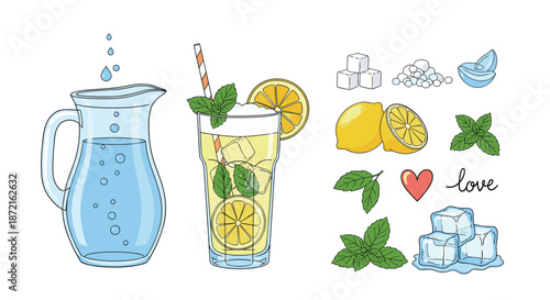 Set of hand drawn illustrations featuring a water pitcher and a refreshing lemonade glass with individual ingredients like mint and lemon slices.