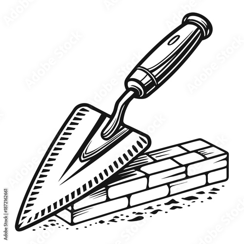 Monochromatic trowel lays bricks in detailed outline style creates bold and interesting construction