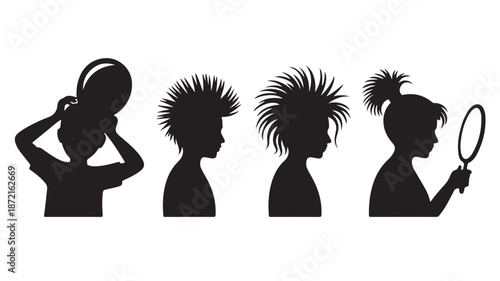 Silhouette Women with Different Hairstyles Looking in Mirror