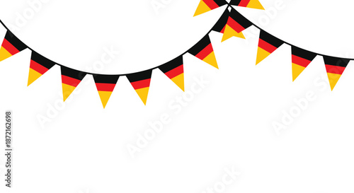 Festive garlands of triangular bunting flags featuring the black red and gold colors of the German national flag on a white background.