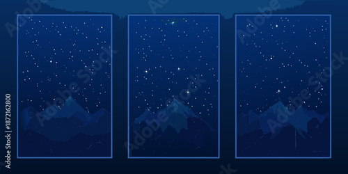 A calming night scene with a starry sky framed by dark mountain silhouettes