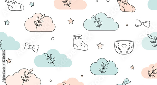 Cute seamless pattern for babies featuring clouds stars socks diapers bows and small branches in soft pastel blue and pink colors on white.