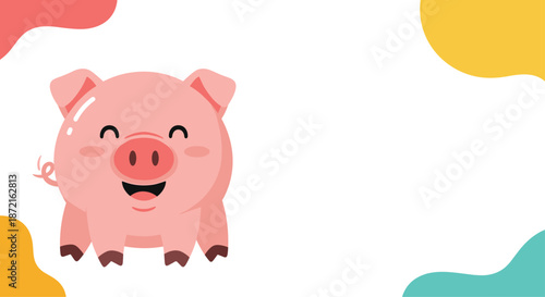 Adorable cartoon illustration of a happy smiling pink pig with a curly tail and rosy cheeks on a white background with abstract corner shapes.