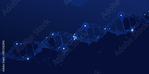 Abstract depiction of a dna structure with glowing points and dark blue background