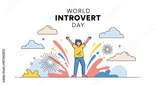 Joyful person jumping with arms wide open celebrating World Introvert Day among colorful clouds fireworks and stars on a white background.