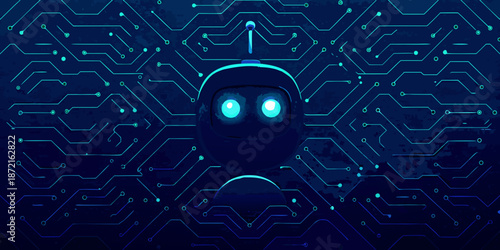 A robotic face emerges from a complex network of glowing blue circuitry