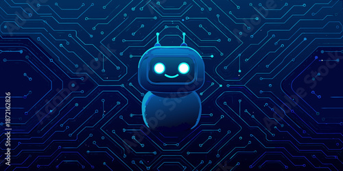 Friendly robot character stands on a complex blue circuit board background