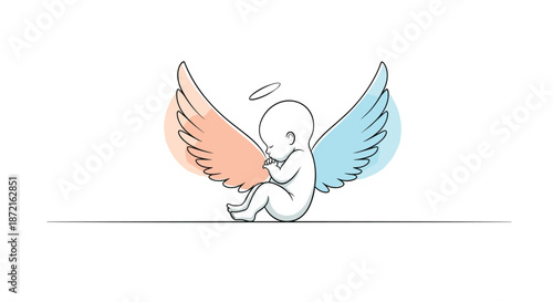 Gentle line art drawing of a baby angel with one pink and one blue wing sitting peacefully on a thin line against a plain white background.
