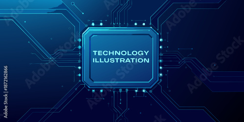 Abstract blue circuit board with a central processor and technology text
