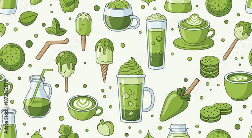 Vibrant seamless pattern showcasing various matcha green tea products including drinks ice cream cups cakes and leaves on a pale green background.
