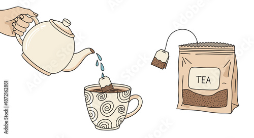Hand drawn illustration of a hand pouring tea from a teapot into a decorative cup alongside a paper tea bag and a branded tea package.